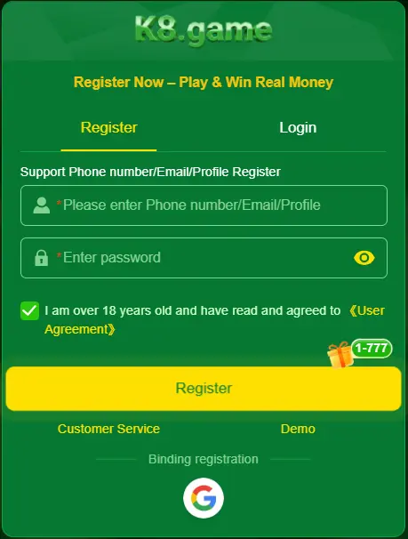 k8 game register